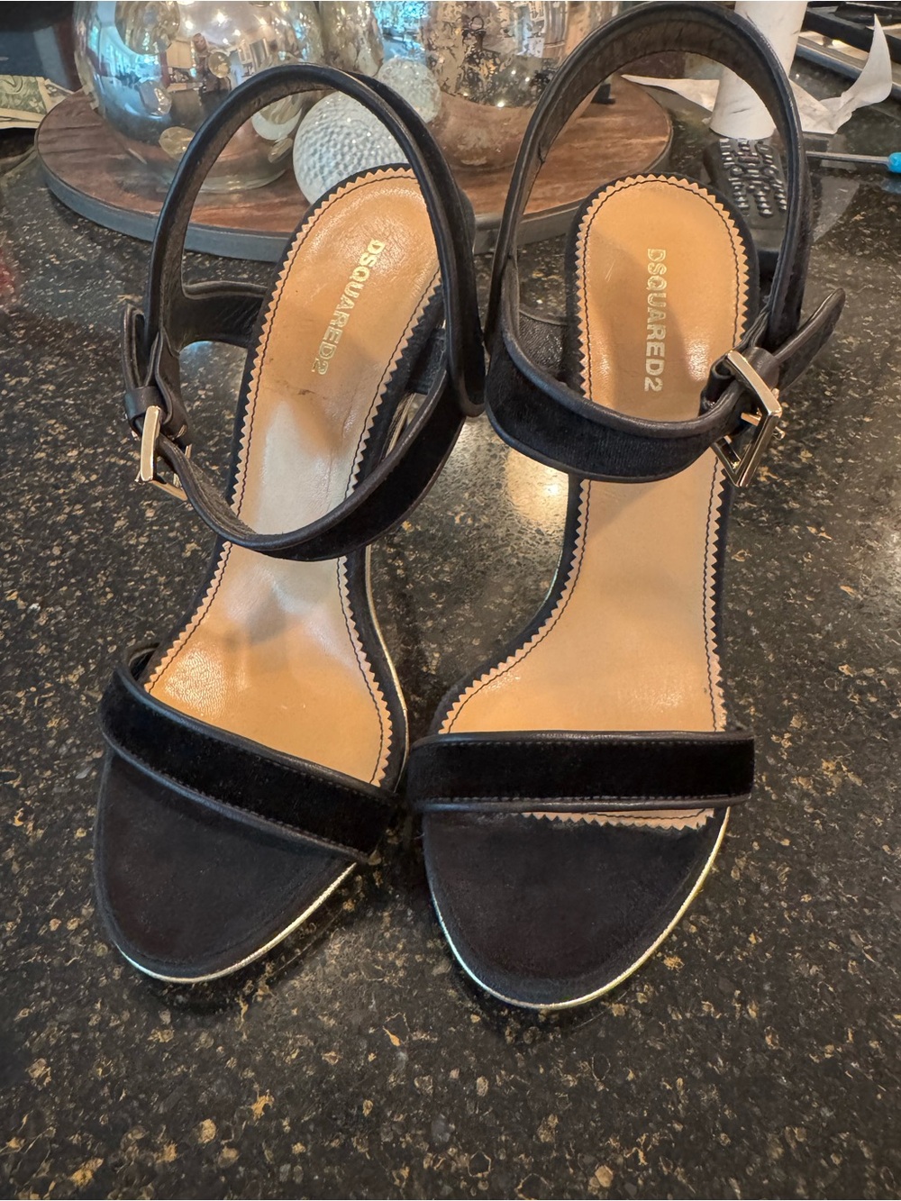 DSQUARED2 Black Velvet and Suede Open-Toe Ankle-Strap Heels